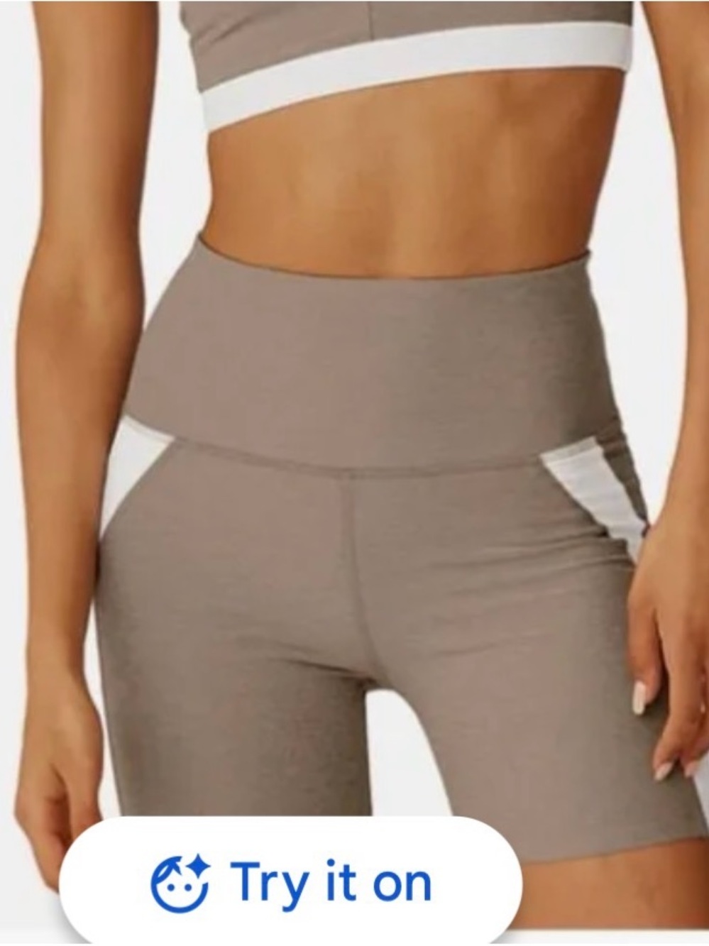 BEYOND YOGA Halter Top & Active Bike Shorts  Taupe with White Accents SET